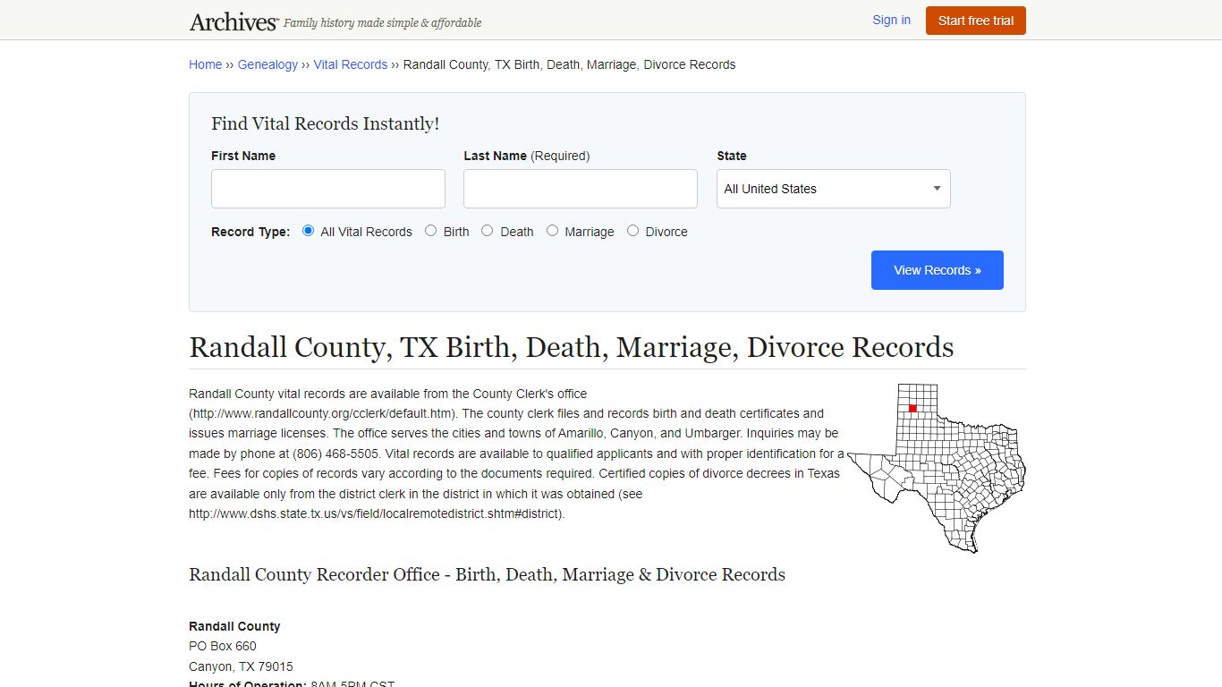 Randall County, TX Birth, Death, Marriage, Divorce Records